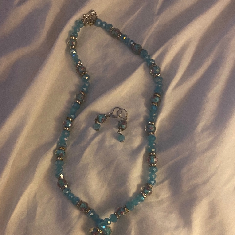 Beautiful Blue Beaded Necklace and Earring Set